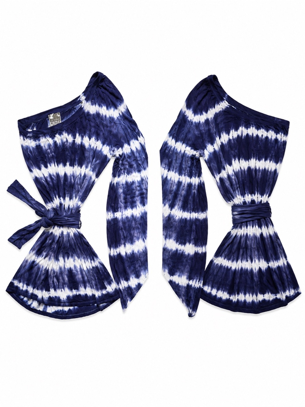 Young Fabulous & Broke One Shoulder Tie Dye Dress Small Blue White Bell Sleeve